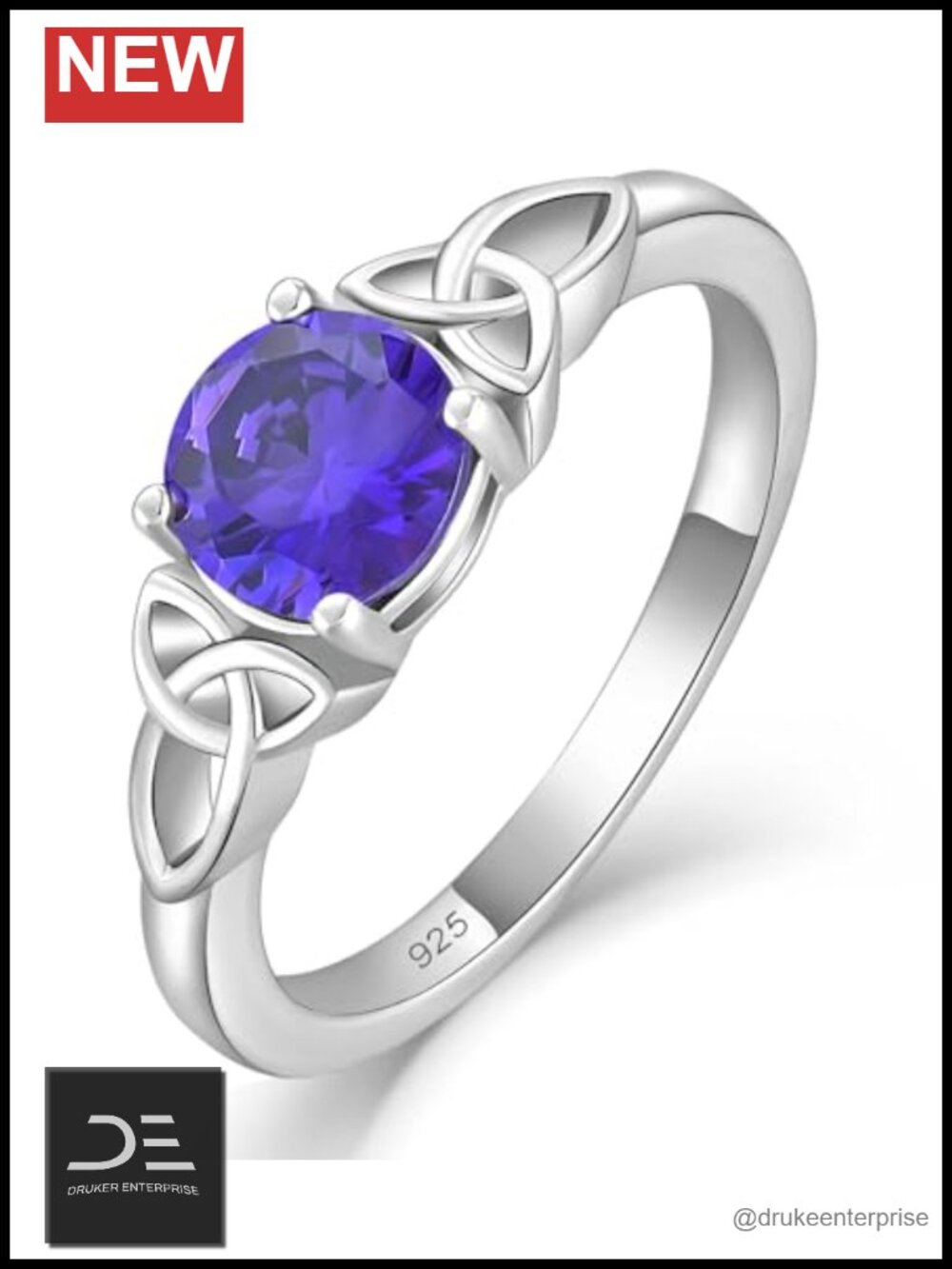 925 Sterling Silver Celtic Knot Statement Ring - Round Cut Amethyst